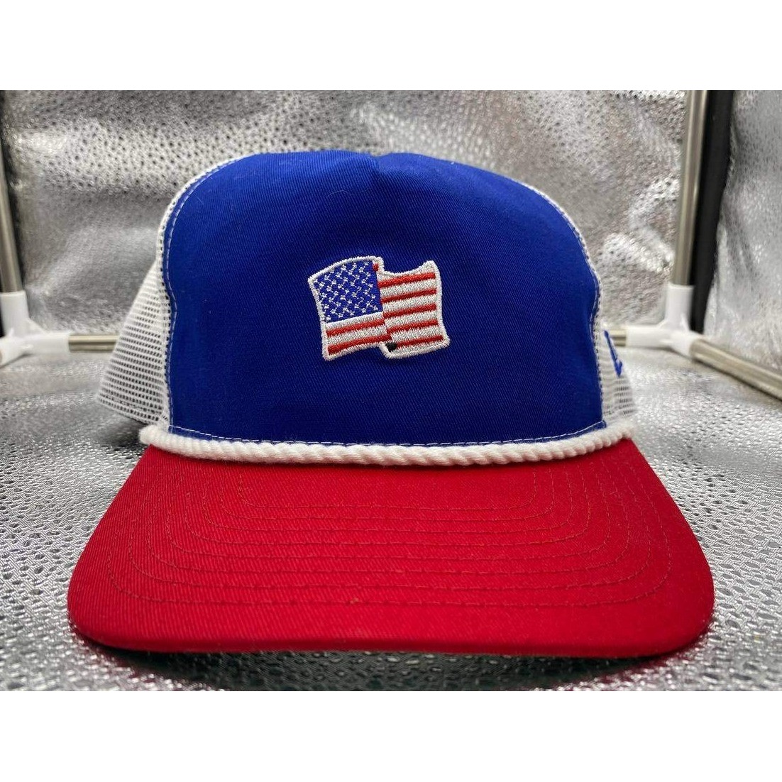 New Era Trucker Hat Mens Osfa Red Blue American Flag Mesh Snapback Rope Cap